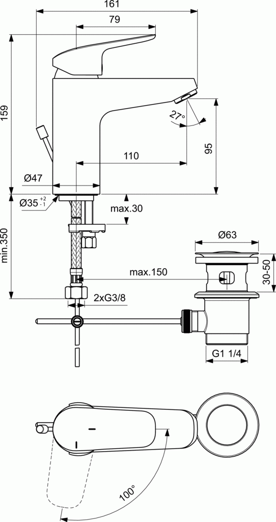 Ideal Standard Ceraflex bateria umywalkowa stojąca Grande Blue Star C3 z korkiem chrom B1715AA