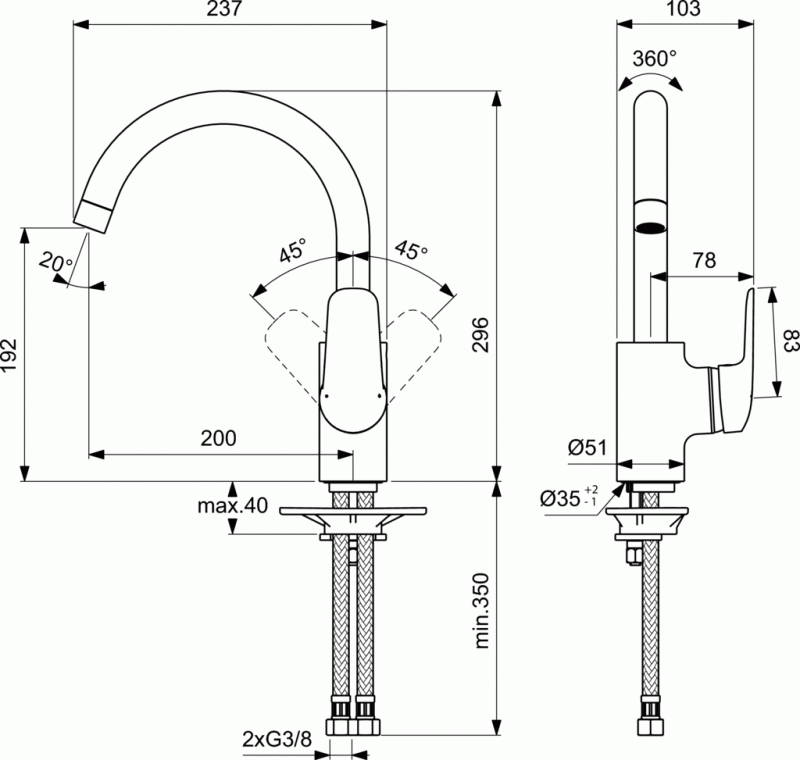 Ideal Standard Ceraflex bateria kuchenna stojąca z wysoką wylewką Blue Star C3 B1727AA