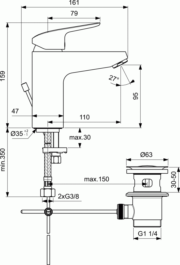 Ideal Standard Ceraflex bateria umywalkowa stojąca Grande z metalowym korkiem chrom B1713AA