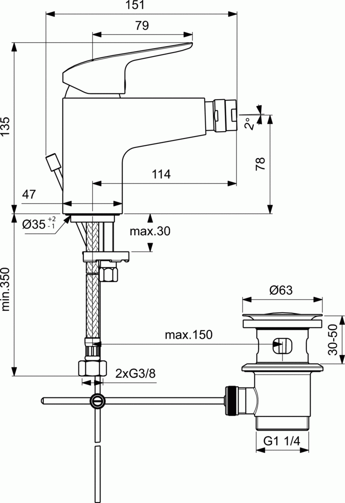 Ideal Standard Ceraflex bateria bidetowa stojąca z metalowym korkiem chrom B1718AA