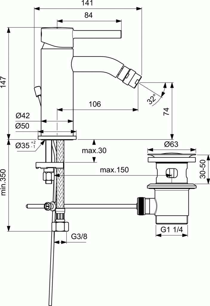 Ideal Standard Ceraline bateria bidetowa stojąca z korkiem automatycznym chrom BC197AA