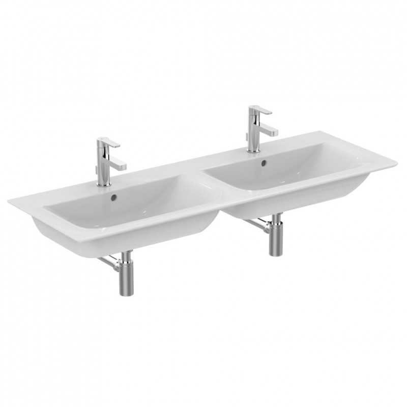 Ideal Connect Air umywalka wisząca podwójna z powierzchniami bocznymi 134 cm z otworami na baterię i przelewem E027201