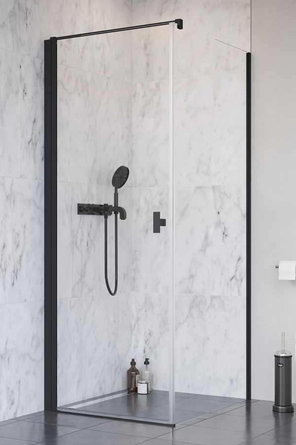 Radaway Nes Black KDJ I kabina kwadratowa 90x90 drzwi otwierane LEWE 90 i ścianka 90 czarny przeźroczyste Easy Clean 10022090-54-01L + 10039090-01-01