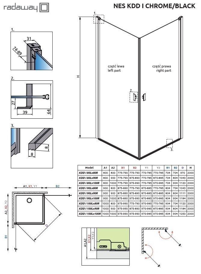 Radaway Nes Black KDD I kabina prostokątna 80Lx90R drzwi wahadłowe czarny przeźroczyste Easy Clean 10021080-54-01L + 10021090-54-01R