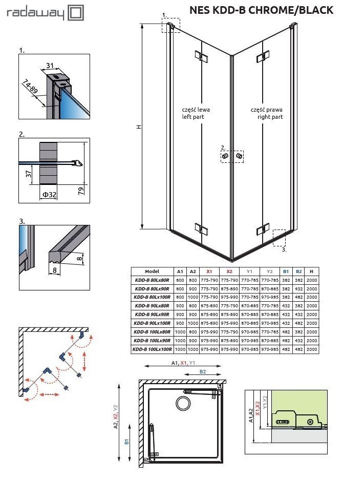 Radaway Nes Black KDD-B kabina kwadratowa 90x90 drzwi składane czarny przeźroczyste Easy Clean 10024090-54-01L + 10024090-54-01R