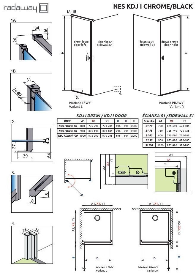 Radaway Nes Black KDJ I kabina prostokątna 90x70 drzwi otwierane PRAWE 90 i ścianka 70 czarny przeźroczyste Easy Clean 10022090-54-01R + 10039070-01-01