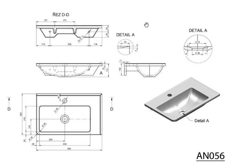 Sapho Arana umywalka prostokątna narożna wisząca 56x35 prawa konglomerat AN056