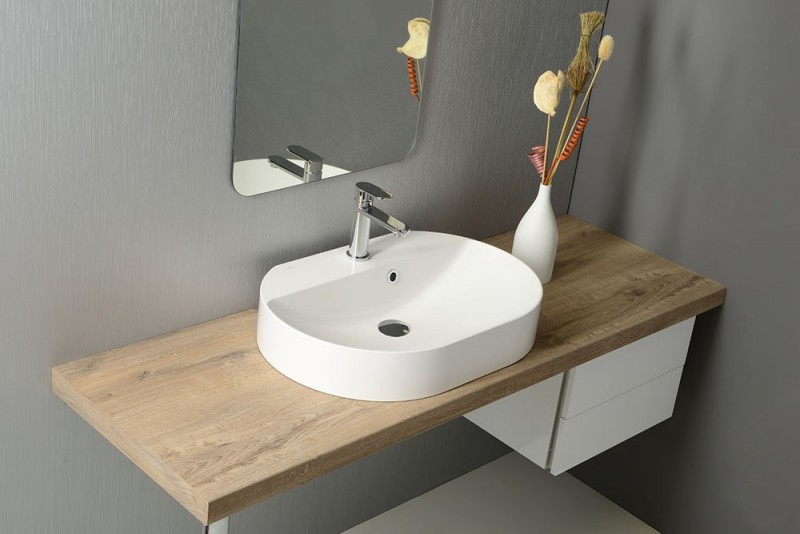 Sapho Helen Umywalka owalna nablatowa/stawiana na blat/wisząca konglomerat biały 63x43 HE063