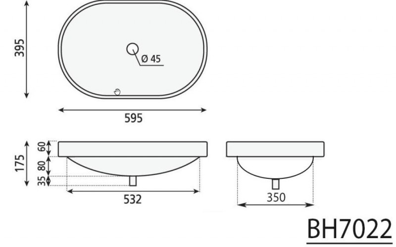 Sapho Lima umywalka owalna 59x39cm wpuszczana w blat ceramika biały BH7022