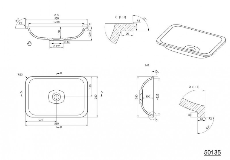 Sapho JAPURA umywalka prostokątna 55x36cm wpuszczana w blat konglomerat biały 50135