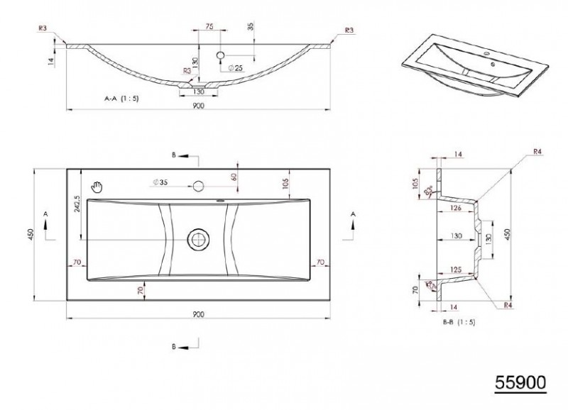 Sapho YUKON umywalka prostokątna 90x45cm wpuszczana w blat konglomerat biały 55900