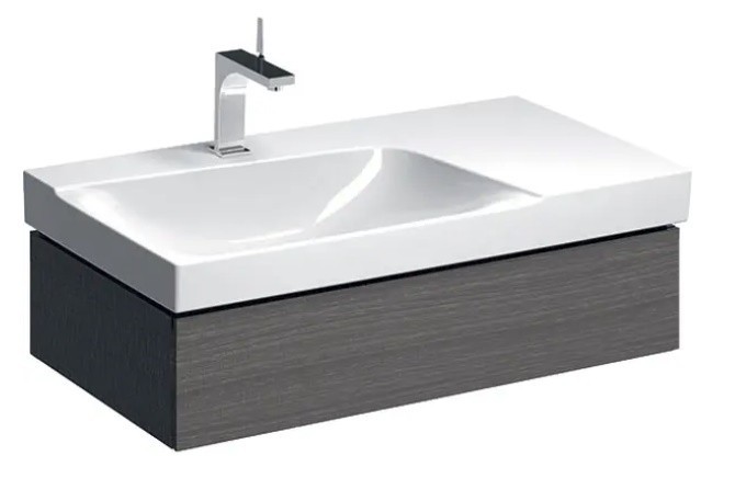 Geberit Xeno 2 szafka pod umywalkę z półką  jedną szufladą LED 90 cm wycięcie na syfon po lewej stronie ciemny szary struktura 500.513.43.1