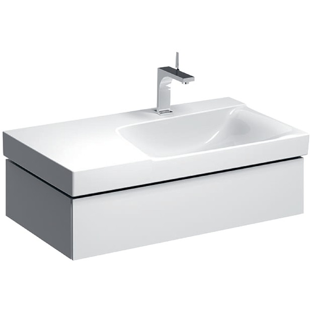 Geberit Xeno 2 szafka pod umywalkę z półką  jedną szufladą LED 90 cm wycięcie na syfon po prawej stronie lakierowany biały połysk 500.514.01.1