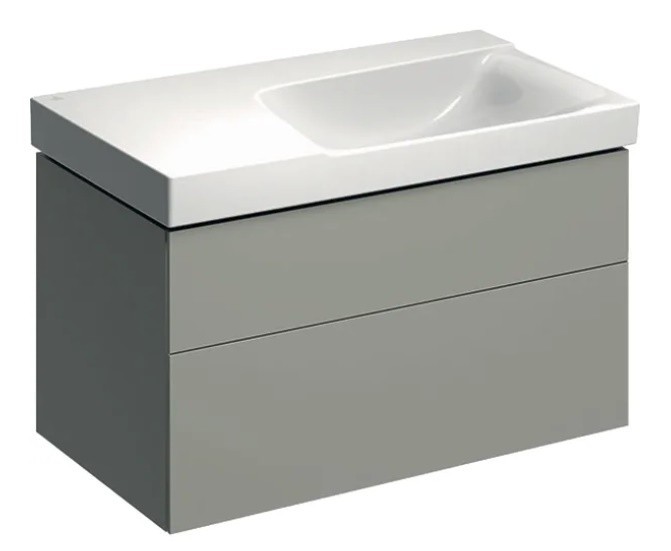 Geberit Xeno 2 szafka pod umywalkę z półką z dwoma szufladami LED 90 cm wycięcie na syfon po prawej stronie lakierowany szary mat 500.516.00.1