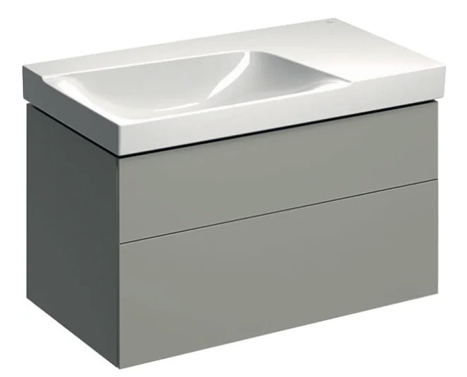 Geberit Xeno 2 szafka pod umywalkę z półką z dwoma szufladami LED 90 cm wycięcie na syfon po lewej stronie lakierowany szary mat 500.515.00.1
