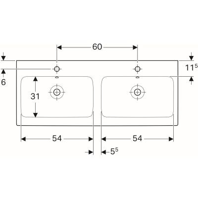 Geberit iCon umywalka meblowa podwójna z dwoma otworami na baterię z przelewem 120x48,5 cm ceramika biały 124120000