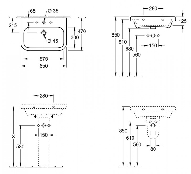 Villeroy&Boch Architectura umywalka prostokątna wisząca z otworem na baterię bez przelewu 65x 47 cm biała weiss alpin 41886601