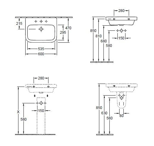 Villeroy&Boch Architectura umywalka prostokątna wisząca z otworem na baterię bez przelewu 60x 47 cm biała weiss alpin 41886101