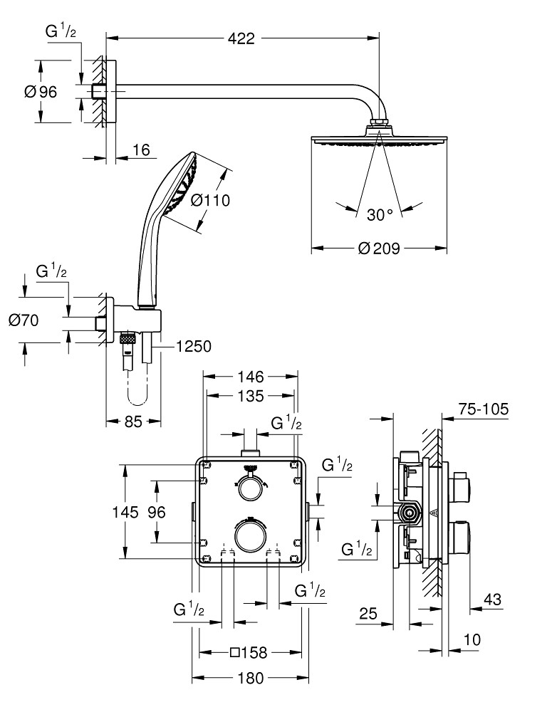 Grohe Grohtherm zestaw prysznicowy podtynkowy z deszczownicą Tempesta 210 i prysznicem ręcznym Euphoria 34734000