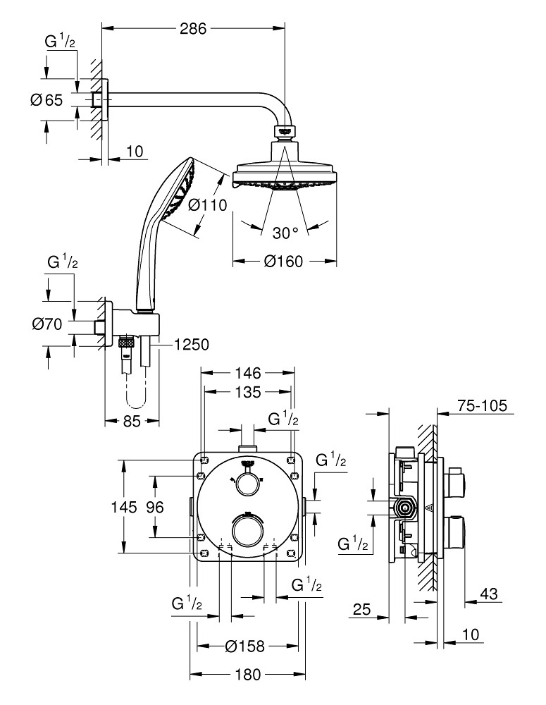 Grohe Grohtherm zestaw prysznicowy podtynkowy z deszczownicą Rainshower Cosmopolitan 160 i prysznicem ręcznym Euphoria 34735000