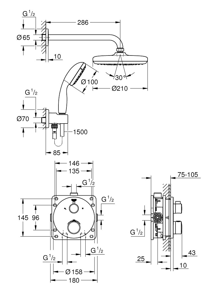 Grohe Grohtherm zestaw prysznicowy podtynkowy z deszczownicą Tempesta 210 i prysznicem ręcznym Tempesta 34727000
