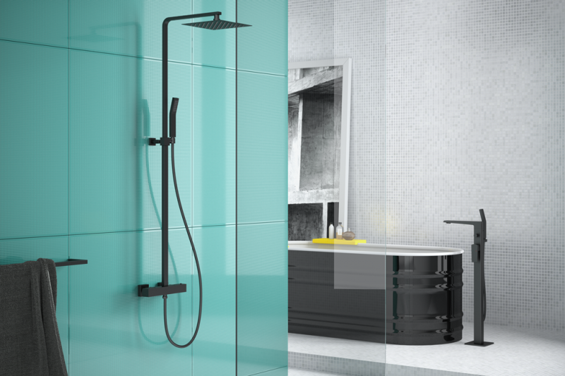 Vedo Sette termostatyczny zestaw prysznicowy z deszczownicą 20x20 czarny matowy VBS7077CZ