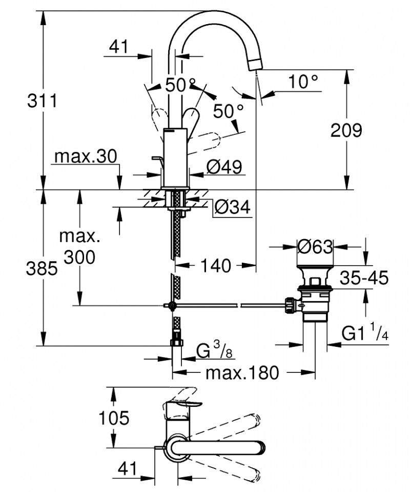 Grohe BauEdge bateria umywalkowa wysoka z wylewką L z korkiem chrom 23760000