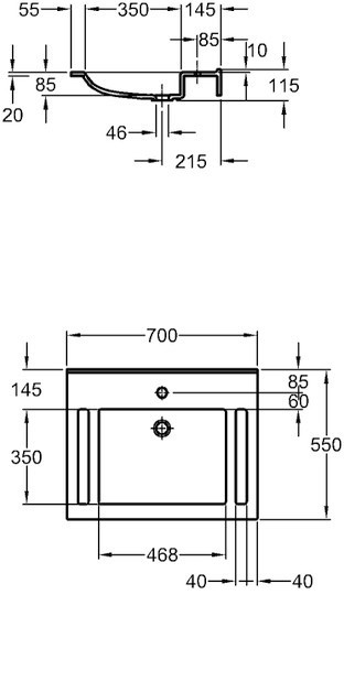 Geberit Publica umywalka prostokątna wisząca dla dla osób niepełnosprawnych z wycięciami z otworem na baterię bez przelewu 70x55 cm cm Varicor biel alpejska 402170016