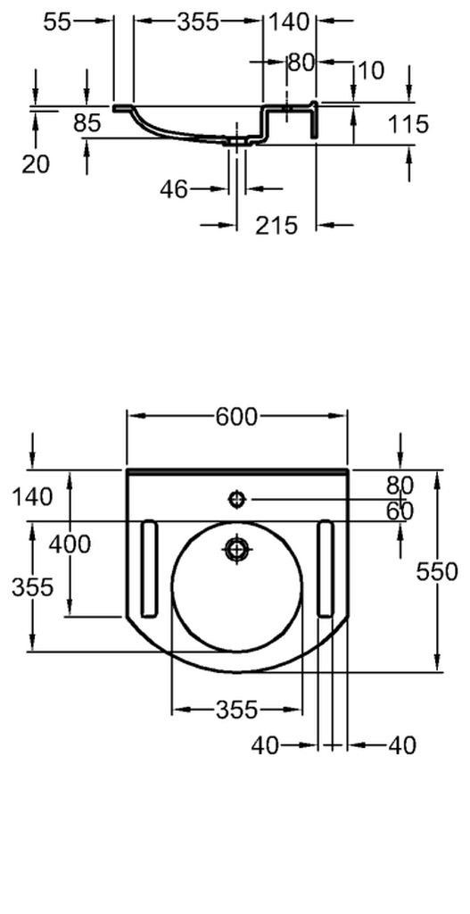 Geberit Publica umywalka asymetryczna wisząca dla dla osób niepełnosprawnych z wycięciami z otworem na baterię bez przelewu 60x55 cm cm Varicor biel alpejska 402160016