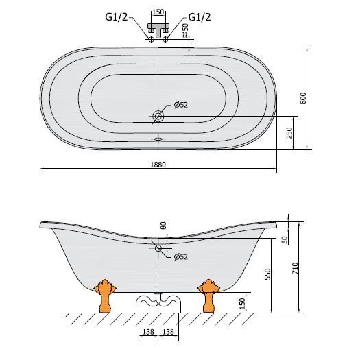 Polysan Charleston wanna wolnostojąca 188x80cm biały nogi brąz 38132