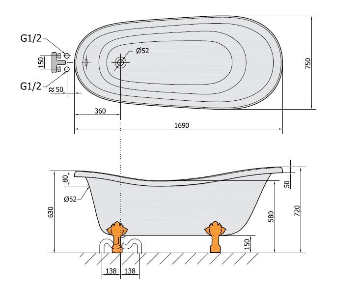 Polysan Retro wanna wolnostojąca 169x75cm biały nogi chrom 42122