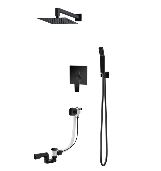 Vedo Sette Nero zestaw wannowo-prysznicowy podtynkowy z deszczownicą 25x25 i napełnianiem przez przelew czarny matowy VBS7232CZ/25