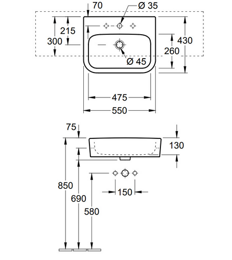 Villeroy&Boch Architectura umywalka półplatowa 55cm 55x43 z otworem na baterie z przelewem biała weiss alpin Ceramicplus 419055R1