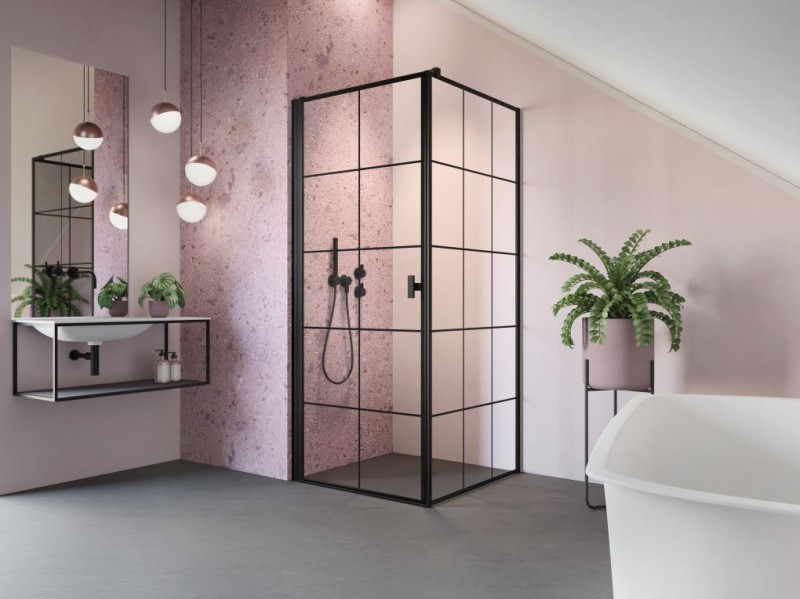 Radaway Nes Black KDJ I Factory kabina kwadratowa 90x90 drzwi otwierane LEWE 90 i ścianka 90 czarny krata Easy Clean 10022090-54-55L + 10039090-54-55