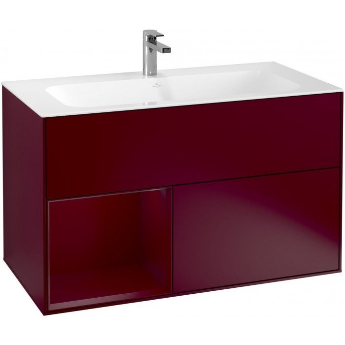 Villeroy&Boch Finion szafka pod umywalkę 100cm z otwartą półką i oświetleniem ściennym Peony Matt Lacquer bordowy G030HBHB
