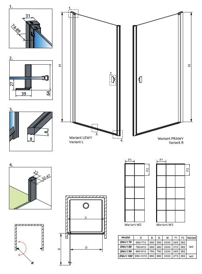 Radaway Nes Black DWJ I Factory drzwi wnękowe wahadłowe 90 cm prawe czarny krata Easy Clean 10026090-54-55R