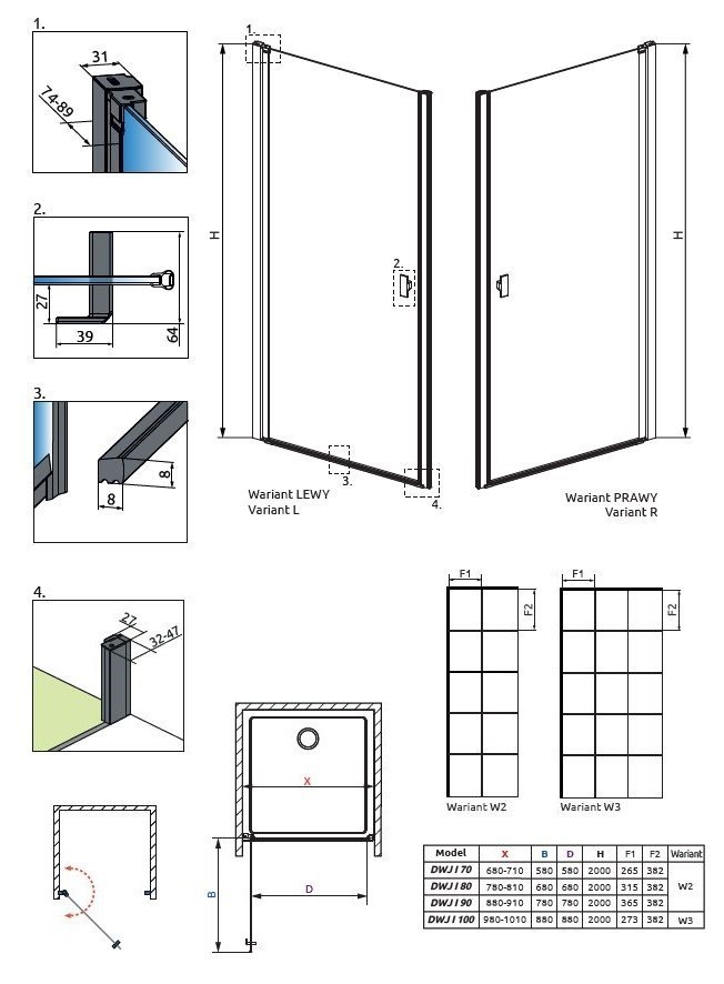 Radaway Nes Black DWJ I Factory drzwi wnękowe wahadłowe 90 cm lewe czarny krata Easy Clean 10026090-54-55L