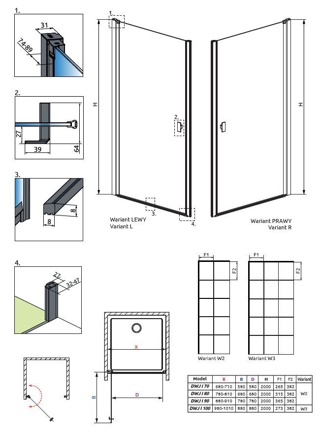 Radaway Nes Black DWJ I Factory drzwi wnękowe wahadłowe 80 cm lewe czarny krata Easy Clean 10026080-54-55L