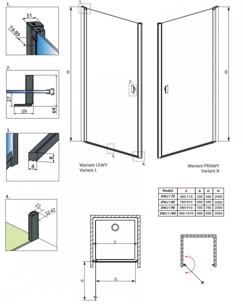 Radaway Nes Black DWJ I Frame drzwi wnękowe wahadłowe 80 cm prawe czarny przeźroczyste Easy Clean 10026080-54-56R