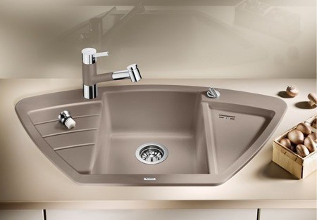 Blanco Zia 9 E Silgranit PuraDur II zlewozmywak granitowy narożny 1,5 komory z ociekaczem, z korkiem automatycznym kolor kawowy 515073