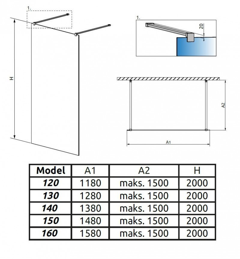 Radaway Modo X I kabina typu Walk-In 160 cm chrom przeźroczyste Easy Clean 388364-01-01