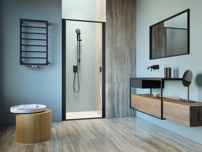 Radaway Nes Black DWJ I Frame drzwi wnękowe wahadłowe 90 cm lewe czarny przeźroczyste Easy Clean 10026090-54-56L