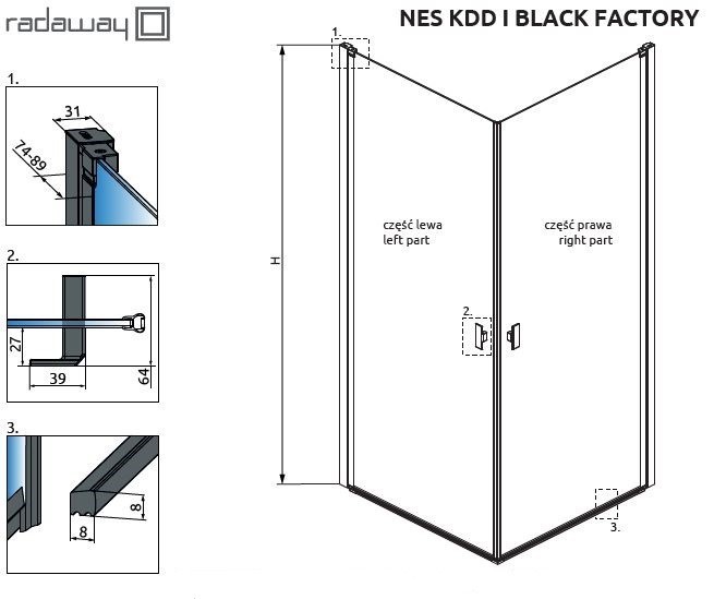 Radaway Nes Black KDD I Factory kabina prostokątna 90Lx80P drzwi wahadłowe czarny krata Easy Clean 10021090-54-55L + 10021080-54-55R