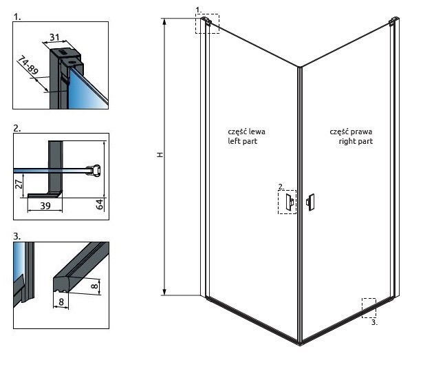 Radaway Nes Black KDD I Frame kabina prostokątna 90Lx80P drzwi wahadłowe czarny przeźroczyste Easy Clean 10021090-54-56L + 10021080-54-56R