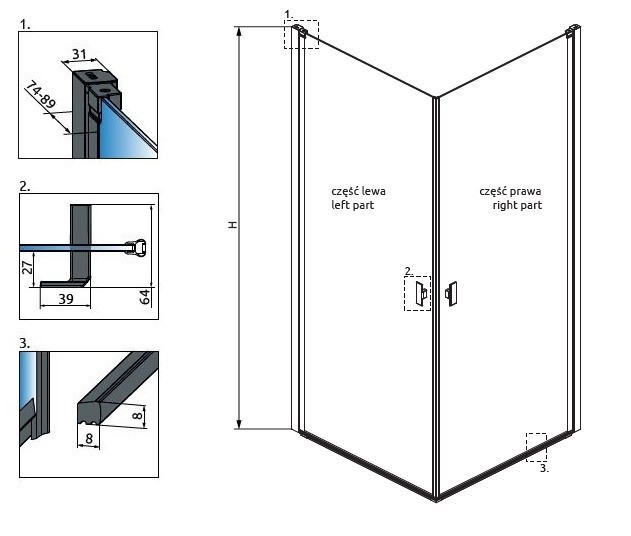 Radaway Nes Black KDD I Frame kabina prostokątna 80Lx100P drzwi wahadłowe czarny przeźroczyste Easy Clean 10021080-54-56L + 10021100-54-56R