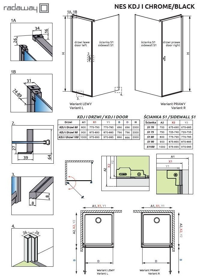Radaway Nes Black KDJ-B kabina prostokątna 100x90 drzwi składane PRAWE 100 i ścianka 90 czarny przeźroczyste Easy Clean 10025100-54-01R + 10039090-01-01
