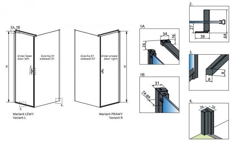 Radaway Nes Black KDJ I Frame kabina prostokątna 90x80 drzwi otwierane PRAWE 90 i ścianka 80 czarny przeźroczyste Easy Clean 10022090-54-56R + 10039080-54-56