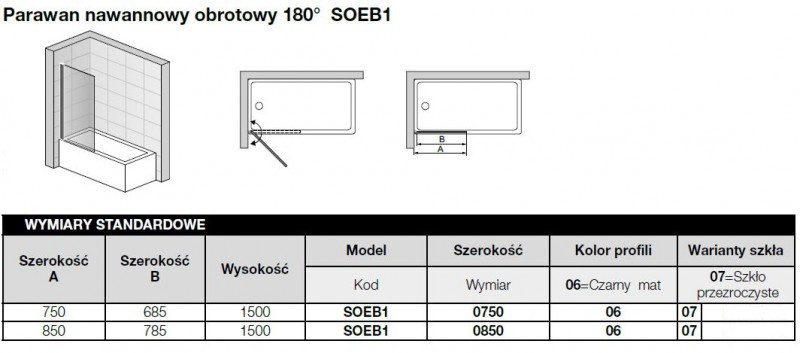 Sanswiss Solino Black Line  parawan nawannowy 1-częściowy wahadłowy 85 cm L/P czarny mat przeźroczyste SOEB108500607