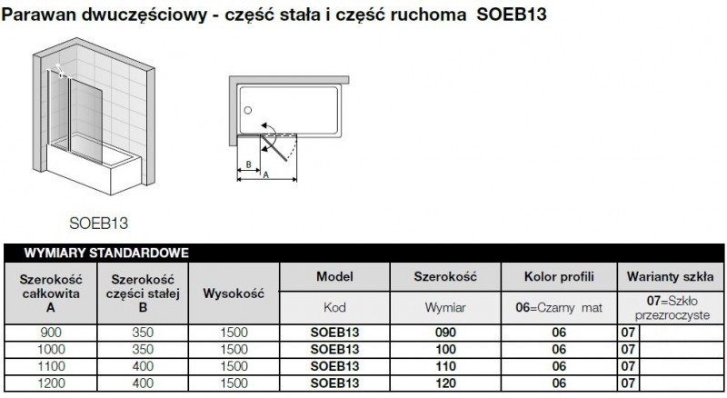 Sanswiss Solino Black Line parawan nawannowy 2-częściowy wahadłowy 110 cm L/P czarny mat przeźroczyste SOEB131100607
