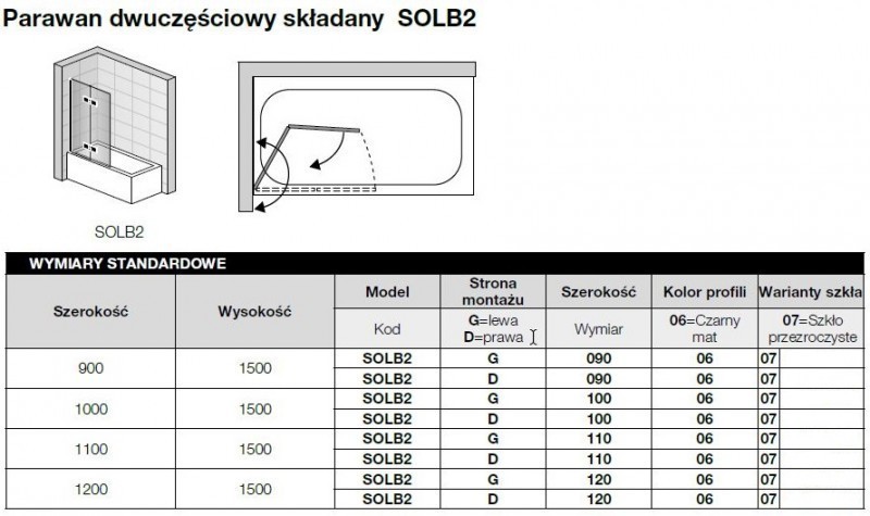 Sanswiss Solino Black Line  parawan nawannowy 2-częściowy składany 120 cm prawy czarny mat przeźroczyste SOLB2D1200607